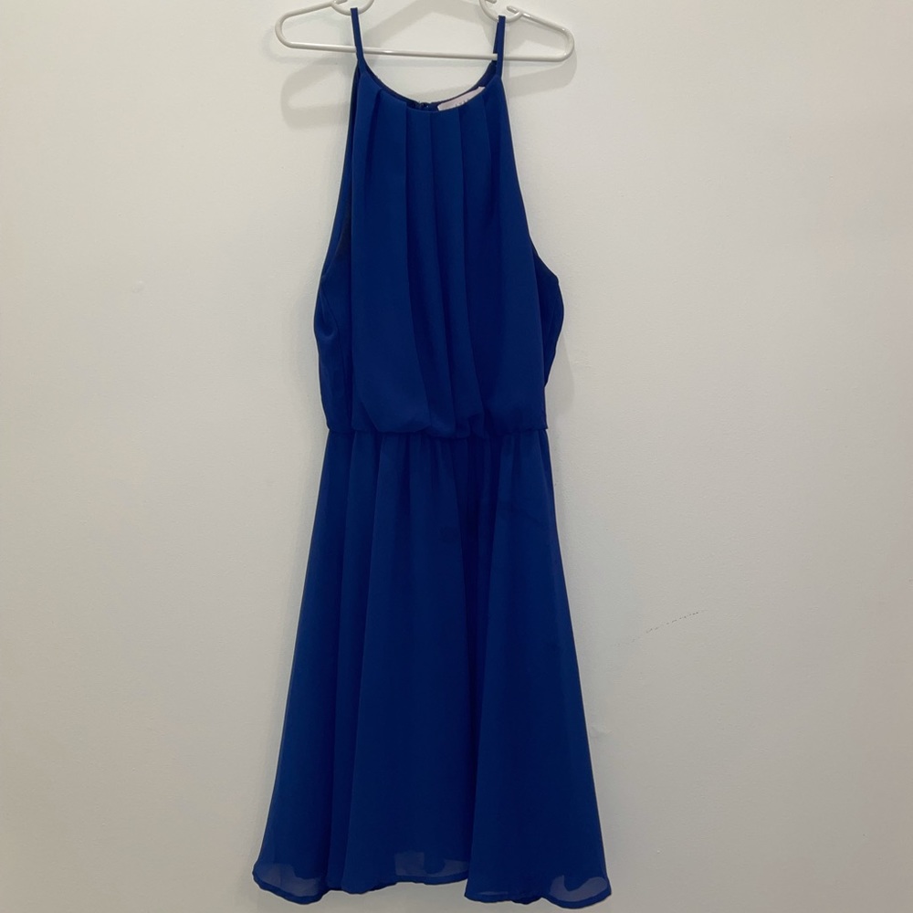 Blue high neck mini dress